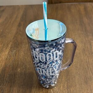 NWOT Good Vibes Only Blue Snowflake Tumbler with Straw. Never used